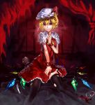  1girl ascot black_legwear blonde_hair cup dress flandre_scarlet hat hat_ribbon highres mob_cap puffy_short_sleeves puffy_sleeves red_dress red_eyes ribbon shirt short_sleeves sitting solo spilling stuffed_animal stuffed_toy teddy_bear thigh-highs torn_clothes torn_thighhighs touhou uneven_eyes uu_uu_zan wine_glass wings wrist_cuffs zettai_ryouiki 