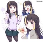  !! &gt;_&lt; /\/\/\ 1girl :d :t andou_tsubaki black_eyes black_hair black_legwear blush casual character_name clenched_hands eating food heart kitahara_tomoe_(kitahara_koubou) multicolored_hair o_o open_mouth pantyhose pizza rectangular_mouth shirobako skirt smile solo star streaked_hair sweat sweater watermark web_address 