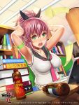  1girl furyou_michi_~gang_road~ green_eyes official_art pink_hair remana school_uniform serafuku short_hair short_ponytail sleeveless studying tears 