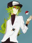  1boy green_hair hat kite-mitiko long_hair male_focus n_(pokemon) poke_ball pokemon pokemon_(game) pokemon_bw simple_background solo 