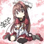  1girl blush brown_eyes brown_hair cherry_blossoms darkside detached_sleeves flower hair_flower hair_ornament kantai_collection long_hair looking_at_viewer open_mouth ponytail sitting skirt solo tagme thigh-highs v_arms very_long_hair wariza yamato_(kantai_collection) younger 