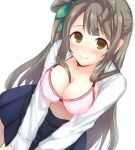  1girl blush bow bra breasts brown_eyes brown_hair cleavage hair_bow kamanatsu long_hair looking_at_viewer love_live!_school_idol_project minami_kotori open_clothes open_shirt side_ponytail smile solo underwear 