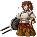  1girl blush breasts brown_eyes brown_hair hair_ribbon impossible_clothes ise_(kantai_collection) japanese_clothes kantai_collection katana large_breasts long_hair musical_note ponytail red_ribbon ribbon sachito solo sword turret weapon 