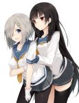  2girls akiha_(attract) black_hair gloves hair_ornament hairclip hamakaze_(kantai_collection) isokaze_(kantai_collection) kantai_collection long_hair multiple_girls pantyhose red_eyes school_uniform serafuku short_hair silver_hair skirt thigh-highs zettai_ryouiki 