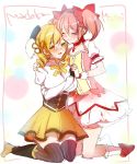  2girls blonde_hair blush boots brown_legwear bubble_skirt choker closed_eyes corset detached_sleeves drill_hair fingerless_gloves full_body gloves hair_ornament hairpin holding_hands kaname_madoka kneehighs long_hair magical_girl mahou_shoujo_madoka_magica mizukikushou multiple_girls pink_hair pleated_skirt puffy_sleeves short_hair short_twintails sketch skirt smile striped striped_legwear thigh-highs tomoe_mami twin_drills twintails vertical-striped_legwear vertical_stripes white_gloves white_legwear yellow_eyes yuri zettai_ryouiki 