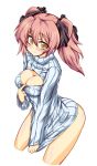 1girl blush bottomless bow breasts bule_night cleavage cleavage_cutout hair_bow idolmaster idolmaster_cinderella_girls jougasaki_mika large_breasts open-chest_sweater pink_hair short_hair smile solo sweater sweater_tug twintails yellow_eyes 