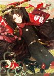  1boy arms_up black_hair boots fish kashuu_kiyomitsu long_hair lying male_focus nail_polish niiko on_back parted_lips ponytail red_eyes red_nails seigaiha sheath sheathed solo sword touken_ranbu weapon 