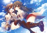  2girls :d ahoge anju_(meipurusanchi) bare_shoulders black_hair blue_eyes blue_sky boots brown_eyes brown_skirt crossed_legs cup detached_sleeves double_bun failure_penguin frilled_skirt frills grey_hair hair_ornament hairclip haruna_(kantai_collection) kantai_collection kongou_(kantai_collection) lace lace-trimmed_thighhighs long_hair looking_at_viewer multiple_girls nontraditional_miko open_mouth pleated_skirt red_skirt ribbon-trimmed_sleeves ribbon_trim skirt sky smile teacup thigh-highs thigh_boots 