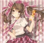  1girl :o brown_eyes brown_hair cellphone checkered checkered_background checkered_skirt frilled_ribbon frilled_shirt_collar frilled_skirt frills hair_ribbon hat heart himekaidou_hatate necktie phone ribbon sash senju_(uroakono) shadow skirt solo tokin_hat touhou twintails 