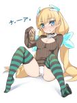  1girl alternate_costume angela_balzac blonde_hair blue_eyes blush breasts can cleavage cleavage_cutout expelled_from_paradise headgear lo_xueming looking_at_viewer low_twintails open-chest_sweater panties solo striped striped_legwear sweater twintails underwear white_panties 