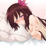  1girl absurdres blanket blush brown_hair bust hair_ornament highres kantai_collection kisaragi_(kantai_collection) long_hair looking_at_viewer lying on_stomach one_eye_closed pillow reaching_out smile solo utahane_w violet_eyes 