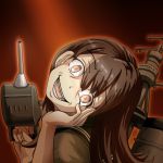  1girl brown_eyes brown_hair hand_on_own_cheek highres kantai_collection ooi_(kantai_collection) shaft_look smile tk8d32 yandere 
