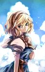  1girl alice_margatroid blonde_hair blue_dress blue_eyes blue_sky clouds dress eredhen hairband highres looking_at_viewer puffy_short_sleeves puffy_sleeves sash shirt short_sleeves sky solo touhou 
