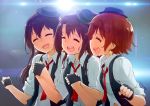  3girls black_hair brown_hair closed_eyes earrings fingerless_gloves gloves hat holding_hands honda_mio idolmaster idolmaster_cinderella_girls jewelry mini_top_hat multiple_girls nagian necktie shibuya_rin shimamura_uzuki star star_earrings top_hat 