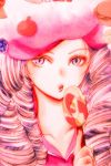  1girl :o artist_request blue_eyes blue_hair bust candy collarbone eating eyelashes happinesscharge_precure! hat holding_food hosshiwa lollipop looking_at_viewer open_mouth precure ringlets short_hair solo 
