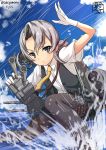  1girl asymmetrical_hair character_name dated gloves grey_eyes kantai_collection necktie nowaki_(kantai_collection) open_clothes open_vest pantyhose pose sakiyamama school_uniform serious silver_hair sky twitter_username vest walking walking_on_water 