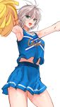  1girl anastasia_(idolmaster) armpits bare_shoulders blue_eyes blush cheerleader earrings highres idolmaster idolmaster_cinderella_girls jewelry kimuchi looking_at_viewer midriff navel open_mouth pom_poms short_hair silver_hair skirt smile solo sweat 