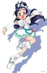 1girl :d arm_warmers blue_eyes blue_hair blush boots cure_white dress earrings frilled_dress frilled_legwear frilled_skirt frilled_sleeves frills futari_wa_precure half_updo heart heart_earrings highres jewelry knee_boots long_hair looking_at_viewer magical_girl open_mouth outstretched_arms precure ribbon shadow simple_background skirt smile solo walrus-ruin white_background white_legwear yukishiro_honoka 