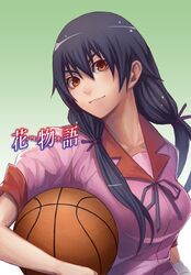  bandaged_arm basketball carrying_under_arm copyright_name kanbaru_suruga looking_at_viewer minamike1991 monogatari_(series) orange_eyes school_uniform solo twintails 