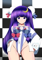  1girl bun_cover checkered checkered_background crescent double_bun highleg highleg_leotard kagayama_hajime leotard long_hair patchouli_knowledge purple_hair racequeen standing touhou violet_eyes 