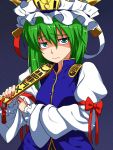 1girl arm_ribbon black_background green_eyes green_hair hat jitome rod_of_remorse shiki_eiki solo tenpura_(artist) touhou 