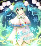  1girl 2015 aqua_eyes aqua_hair character_name green_hair hatsune_miku headset ikari_(aor3507) long_hair smile snowdrop_(flower) snowflakes solo twintails very_long_hair vocaloid yuki_miku 