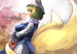  1girl artist_name blonde_hair breast_hold breasts character_name dress english floral_background fox_tail hat heart large_breasts long_sleeves looking_at_viewer looking_to_the_side multiple_tails short_hair signature smile solo tabard tail touhou umigarasu_(kitsune1963) white_dress yakumo_ran yellow_eyes 