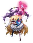  blonde_hair clownpiece face hat holding jester_cap looking_at_viewer mazeran neck_ruff parody persona pink_eyes simple_background smile solo torch touhou white_background 