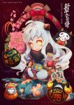  1girl absurdres ahoge alternate_costume daruma_doll happy_new_year highres horns japanese_clothes kantai_collection kimono long_hair looking_at_viewer mittens new_year northern_ocean_hime pale_skin sheep shinkaisei-kan silver_hair sitting tina_hung translated yellow_eyes 