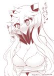  1girl breasts cleavage covered_mouth dress horns kantai_collection large_breasts long_hair midway_hime monochrome shinkaisei-kan translated very_long_hair white_dress white_hair yamato_nadeshiko 