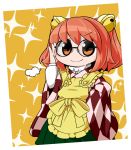  1girl apron bell byourou checkered glasses hair_bell hair_ornament japanese_clothes motoori_kosuzu red_eyes redhead short_hair smile solo sparkle touhou twintails 