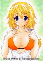  1girl bikini_top blonde_hair breasts charlotte_dunois cleavage dress_shirt infinite_stratos long_hair marker_(medium) nightmare77zx shirt traditional_media violet_eyes 