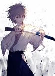  1boy japanese_clothes katana mayer nagisa_kaworu neon_genesis_evangelion red_eyes sheath solo sword unsheathing weapon white_hair 