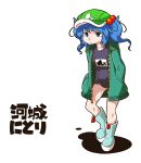  1girl alternate_costume blue_eyes blue_hair byourou character_name hair_bobbles hair_ornament hands_in_pockets hat jacket kawashiro_nitori short_hair solo swimsuit swimsuit_under_clothes touhou twintails 