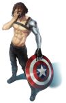  1boy boots brown_hair captain_america_the_winter_soldier chest_belt covering_face cyborg face_mask james_buchanan_barnes marvel mask mechanical_arm muscle shield shirtless shuen solo winter_soldier 