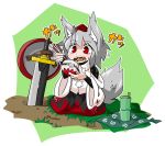  1girl animal_ears bowl byourou chopsticks detached_sleeves eating hat inubashiri_momiji red_eyes shield short_hair silver_hair solo sword tail tokin_hat touhou weapon wolf_ears wolf_tail 