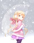  1girl blonde_hair blush brown_eyes capelet coat earmuffs futaba_anzu idolmaster idolmaster_cinderella_girls long_hair looking_back nagian pantyhose purple_legwear scarf skirt smile snow solo twintails umbrella very_long_hair 