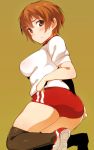  1girl ass blush brown_eyes brown_hair buruma character_check em gym_uniform katou_keiko kneehighs kneeling shirt short_hair short_sleeves solo strike_witches white_shirt 