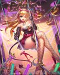  1girl breasts bustier cleavage dutch_angle earrings elbow_gloves fishnet_legwear fishnets furyou_michi_~gang_road~ gloves glowstick hairband halloween high_heels horns jack-o&#039;-lantern jewelry leather_gloves official_art one_eye_closed pole polearm ribbon shadowgrave skirt solo thigh-highs trident wand weapon 