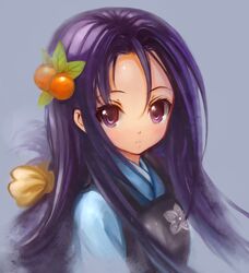  1girl akechi_mitsuhide_(oda_nobuna_no_yabou) armor bow bust ephtracy hair_bow hair_ornament japanese_clothes looking_at_viewer oda_nobuna_no_yabou purple_hair simple_background solo violet_eyes 