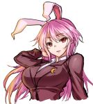  1girl animal_ears blazer breasts bust crescent hand_in_hair jonylaser large_breasts long_hair long_sleeves looking_at_viewer rabbit_ears red_eyes reisen_udongein_inaba shirt smile solo touhou very_long_hair violet_eyes 