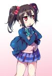  1girl angry black_hair bow crossed_arms d:&lt; kanibasami love_live!_school_idol_project open_mouth pleated_skirt red_eyes school_uniform simple_background skirt solo twintails yazawa_nico 