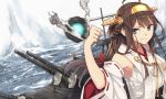  &gt;:| 1girl ahoge armpits blue_eyes brown_hair detached_sleeves double_bun hairband hao_(patinnko) highres japanese_clothes kantai_collection kongou_(kantai_collection) long_hair nontraditional_miko revision turret 