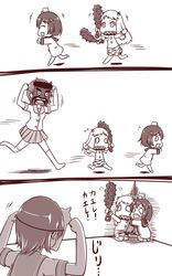  3girls adapted_costume alternate_costume arms_up chasing clenched_hands club comic fleeing flying_sweatdrops highres holding horns kantai_collection kinu_(kantai_collection) long_hair mittens monochrome multiple_girls northern_ocean_hime oni_mask outstretched_arms pleated_skirt running sazanami_konami scared school_uniform seiza serafuku setsubun shinkaisei-kan short_hair sitting skirt spread_arms tears tiger_print translation_request trembling weapon yukikaze_(kantai_collection) 