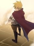  1boy alfonso_san_valiante belt blonde_hair blue_eyes boots cape from_above garo:honoo_no_kokuin garo_(series) hands_on_hips looking_at_viewer looking_back male short_hair solo spiky_hair vest 