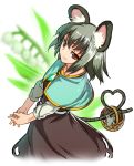  1girl animal_ears basket capelet dress flower gem grey_dress grey_hair heart heart_tail jewelry jonylaser lily_(flower) mouse mouse_ears mouse_tail nazrin necklace pendant red_eyes solo tail touhou 