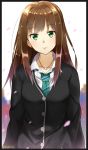  1girl brown_hair cardigan green_eyes highres idolmaster idolmaster_cinderella_girls isshiki_(ffmania7) jewelry long_hair looking_at_viewer necklace necktie school_uniform shibuya_rin smile solo 