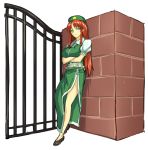  1girl blue_eyes braid breasts chinese_clothes crossed_arms gate hat hong_meiling jonylaser large_breasts leaning_back long_hair red_eyes shirt skirt skirt_set solo star touhou twin_braids very_long_hair vest wall 