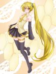  1girl akita_neru blonde_hair chindefu detached_sleeves hair_ornament long_hair midriff navel necktie side_ponytail sleeves_past_wrists solo tagme thigh-highs vocaloid yellow_eyes 