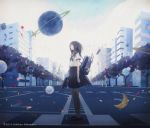  1girl 2013 abstract artist_name bag black_hair building city clouds commentary crescent_moon crosswalk expressionless flower leaf moon nakamura_yukihiro original planet pleated_skirt profile road scenery school_bag school_uniform serafuku skirt sky solo street tree unzipped wind 